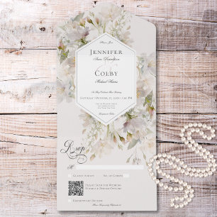 Invitation Tout En Un Code QR romantique Muet blanc & rose floral