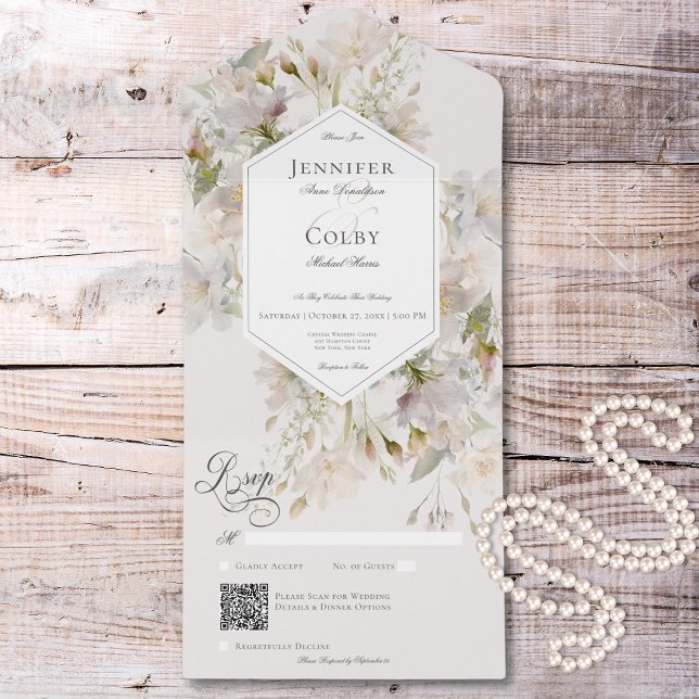 Invitation Tout En Un Code QR romantique Muet blanc & rose floral (Romantic Muted White & Pink Floral QR Code All In One Invitation)