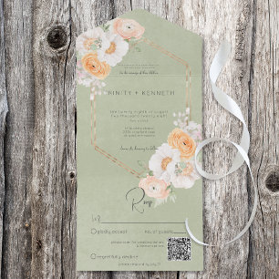 Invitation Tout En Un Code QR Russe Peach Blush & White Floral Sage