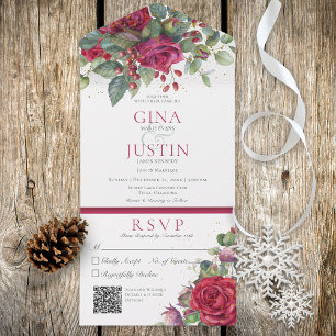 Invitation Tout En Un Code QR Russe Rose de vin rouge hiver
