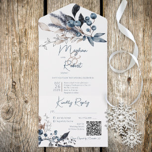 Invitation Tout En Un Code QR rustique bleu et blanc pour le feuillage h