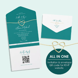 Invitation Tout En Un Code QR sarcelle or cœur mariage