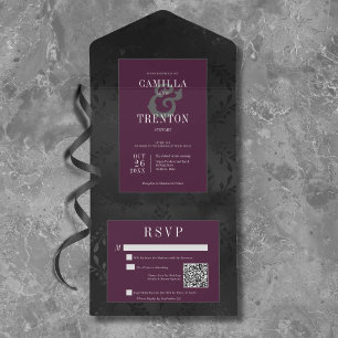 Invitation Tout En Un Code QR Satin Floral Vin Noir Gothique Sombre