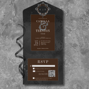 Invitation Tout En Un Code QR satiné floral noir et marron gothique somb
