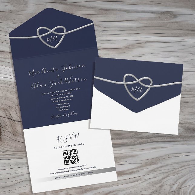 Invitation Tout En Un Code QR simple Mariage bleu marine (Créateur téléchargé)