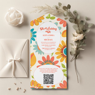 Invitation Tout En Un Code QR  Typographie Rétro Mariage Soleil d'Été