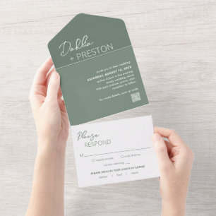 Invitation Tout En Un Code QR vert minimal Sage Moderne Mariage