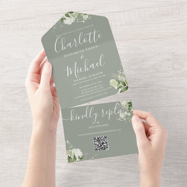 Invitation Tout En Un Code QR vert Script Sage Mariage vert (Déchirure)