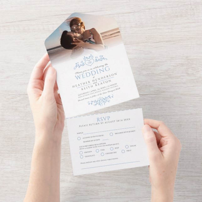 Invitation Tout En Un Coeur d'art en feuille mariage monogramme bleu (Déchirure)