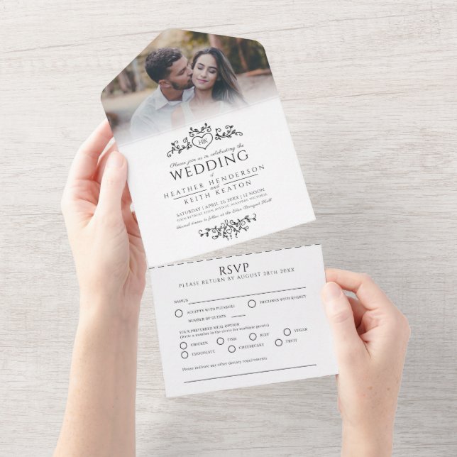 Invitation Tout En Un Coeur d'art feuille mariage monogramme mono (Déchirure)