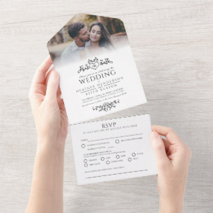 Invitation Tout En Un Coeur d'art feuille mariage monogramme mono