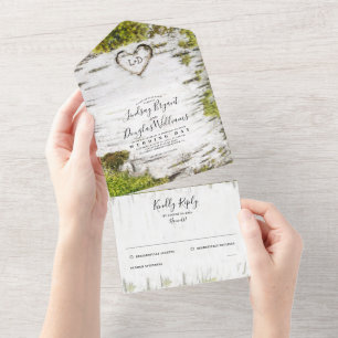 Invitation Tout En Un Coeur de l'arbre de bouleau sculpté Mariage campag