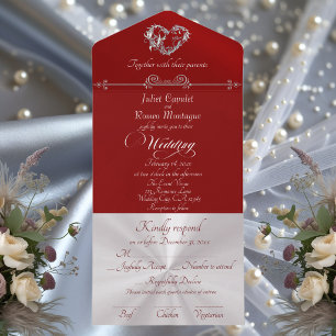 Invitation Tout En Un Cœur romantique & Calligraphie - Rouge/Argent