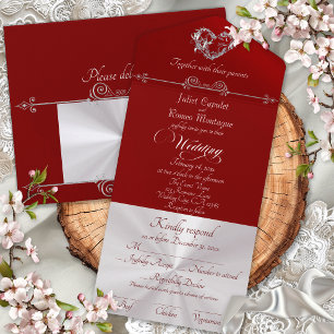 Invitation Tout En Un Cœur romantique & Calligraphie - Rouge/Argent