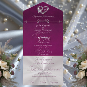 Invitation Tout En Un Cœur romantique & Calligraphie - Violet/Argent