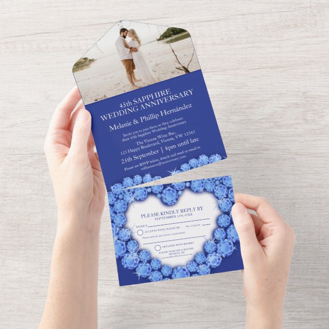 Invitation Tout En Un Coeur saphir bleu 45e anniversaire mariage photo (Déchirure)