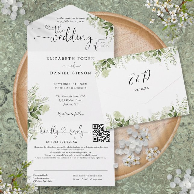 Invitation Tout En Un Coeur Script vert Floral QR Code Mariage (Heart Script Greenery Floral QR Code Wedding All In One Invitation)