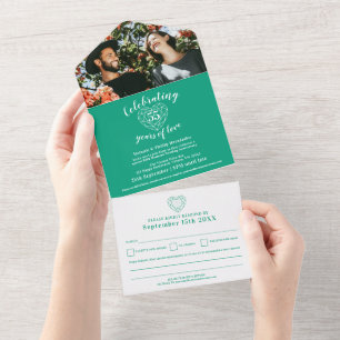 Invitation Tout En Un coeur vert émeraude 55e anniversaire mariage RSVP