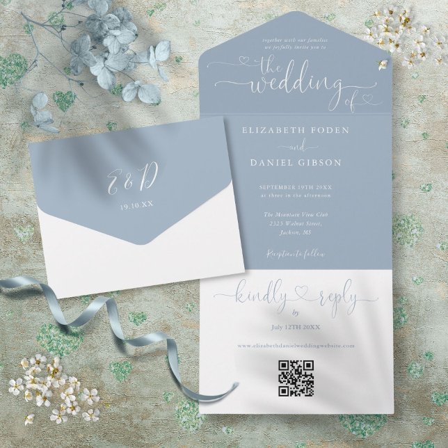 Invitation Tout En Un Coeurs de script Dusty Blue QR Code Mariage (Script Hearts Dusty Blue QR Code Wedding All In One Invitation)