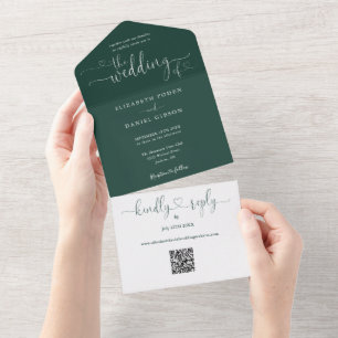 Invitation Tout En Un Coeurs de script Emerald Green QR Code Mariage