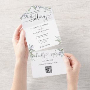 Invitation Tout En Un Coeurs de script Floral Greenery QR Code Mariage