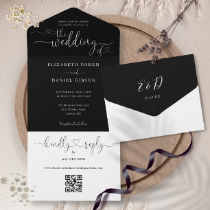 Invitation Tout En Un Coeurs de script Mariage de code QR noir et blanc
