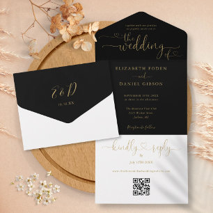 Invitation Tout En Un Coeurs de script Mariage de code QR noir et or