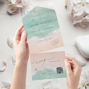 Invitation Tout En Un Coeurs de script moderne dans le sable Mariage de 