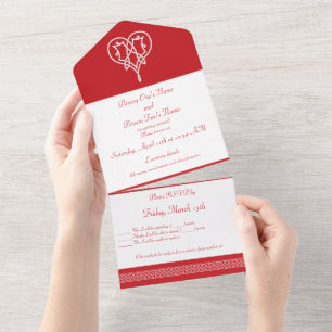 Invitation Tout En Un Coeurs de tissage celtique en cerise