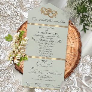Invitation Tout En Un Cœurs Doubles Romantiques - Perle Sauge/Or