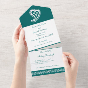Invitation Tout En Un Cœurs Paisley Sucrés en Teal
