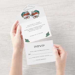 Invitation Tout En Un Cœurs Tatoués, Graphisme de Mariage Tatouage