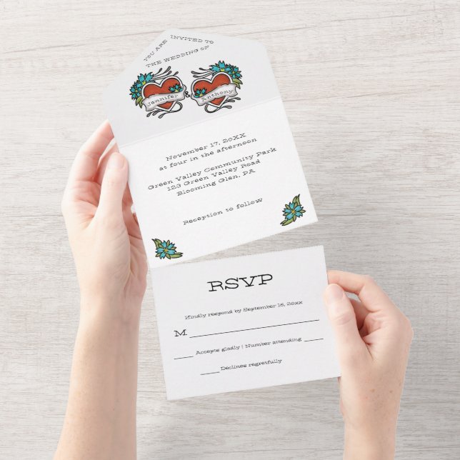 Invitation Tout En Un Coeurs tatoués, Mariage graphique de tatouage (Déchirure)