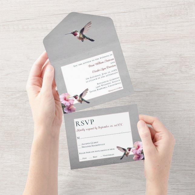 Invitation Tout En Un Colibri et Hibiscus | Mariage gris (Déchirure)