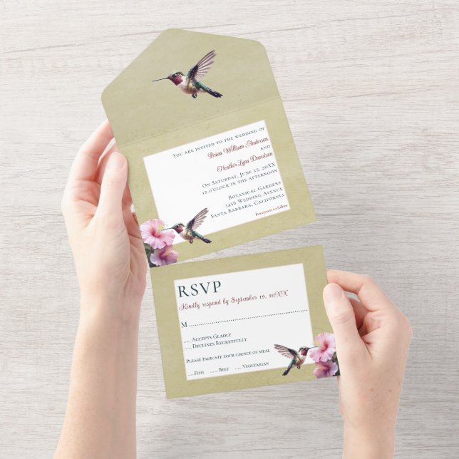 Invitation Tout En Un Colibri et Hibiscus | Mariage jaune (Déchirure)