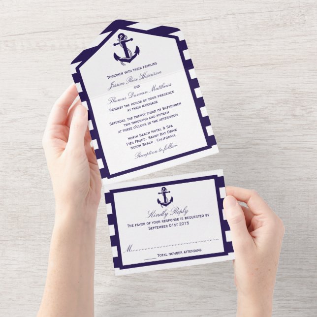 Invitation Tout En Un Collection de Mariages de la marine d'Ancres nauti (Déchirure)