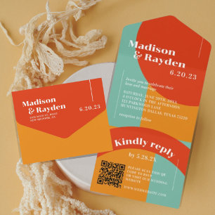 Invitation Tout En Un Colorful les années 70 Retro Abstrait Photo QR Cod
