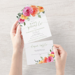 Invitation Tout En Un Colorful rose oranger pivoines fille bébé saupoudr