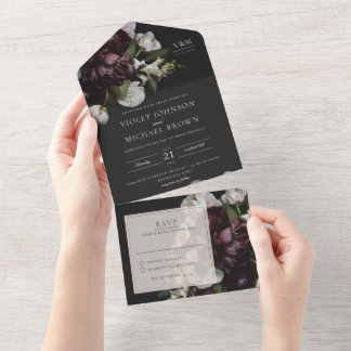 Invitation Tout En Un Consacré Flore foncée tout en un mariage Invitatio