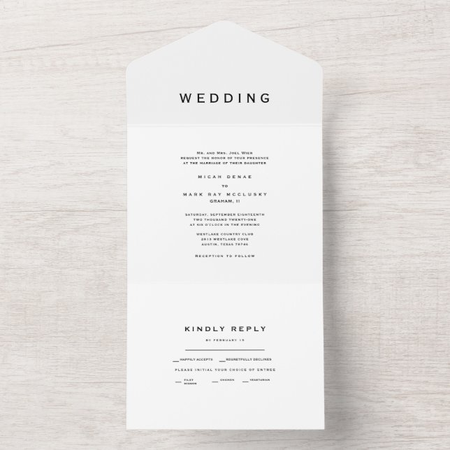 Invitation Tout En Un Contemporain Moderne Simple Mariage blanc (À l'intérieur)