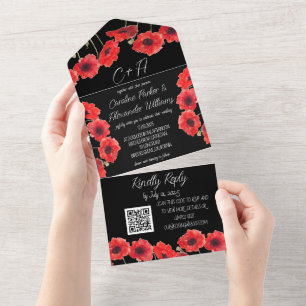Invitation Tout En Un Coquelicots rouges Coquelicot Noir Élégant Moderne