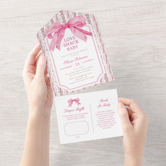 Invitation Tout En Un Coquette Bow rose Love Shack Baby shower (Déchirure)