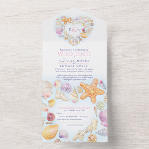 Invitation Tout En Un Coquillages coeur aquarelle plage mariage
