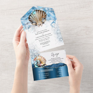 Invitation Tout En Un Coquillages marins vagues bleu or blanc