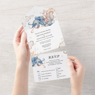 Invitation Tout En Un Corail bleu orange octopus aquarelle océan