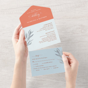 Invitation Tout En Un Corail moderne et Mariage bleu avec RSVP perforé