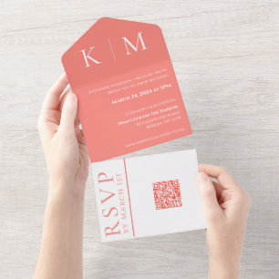 Invitation Tout En Un Corail rose et Monogramme blanc-Moderne-Mariage-