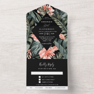 Invitation Tout En Un Corail tropical   Monstera Palm Mariage noir