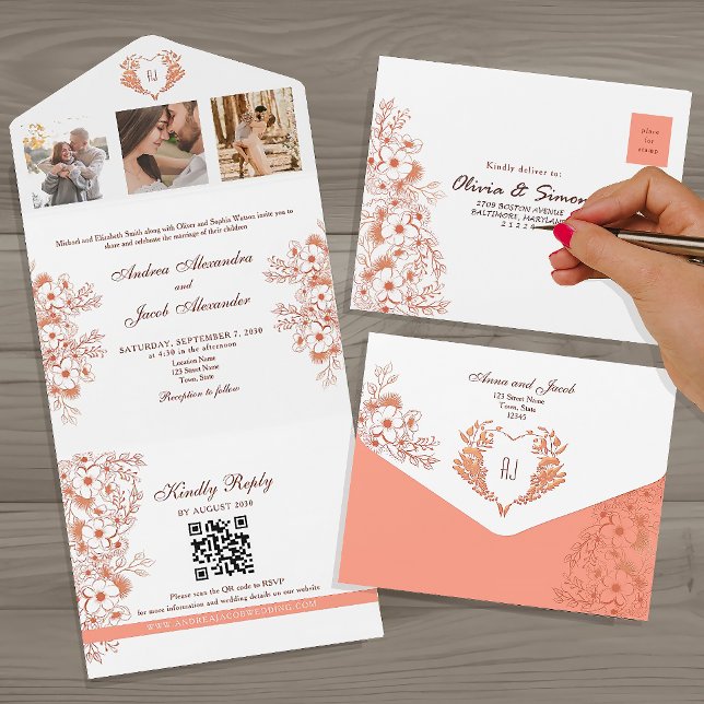 Invitation Tout En Un Coral Floral Rustic Chic Mariage (Créateur téléchargé)