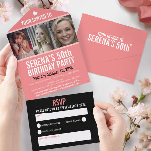Invitation Tout En Un Coral noir trois photos 50e fête d'anniversaire